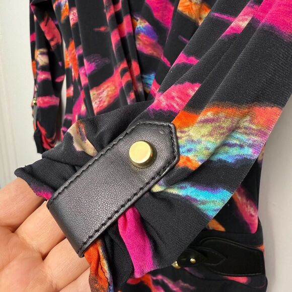 Cache Mini Dress Womens XS Colorful Abstract Y2K Wrap 3/4 Sleeve V Neck Club - Picture 2 of 6